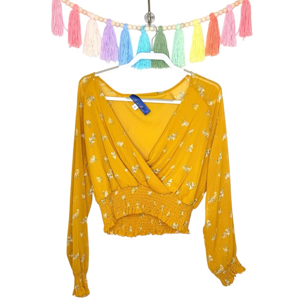 Blue Rain Mustard Floral Crop Wrap Long Sleeve Blouse Size Large